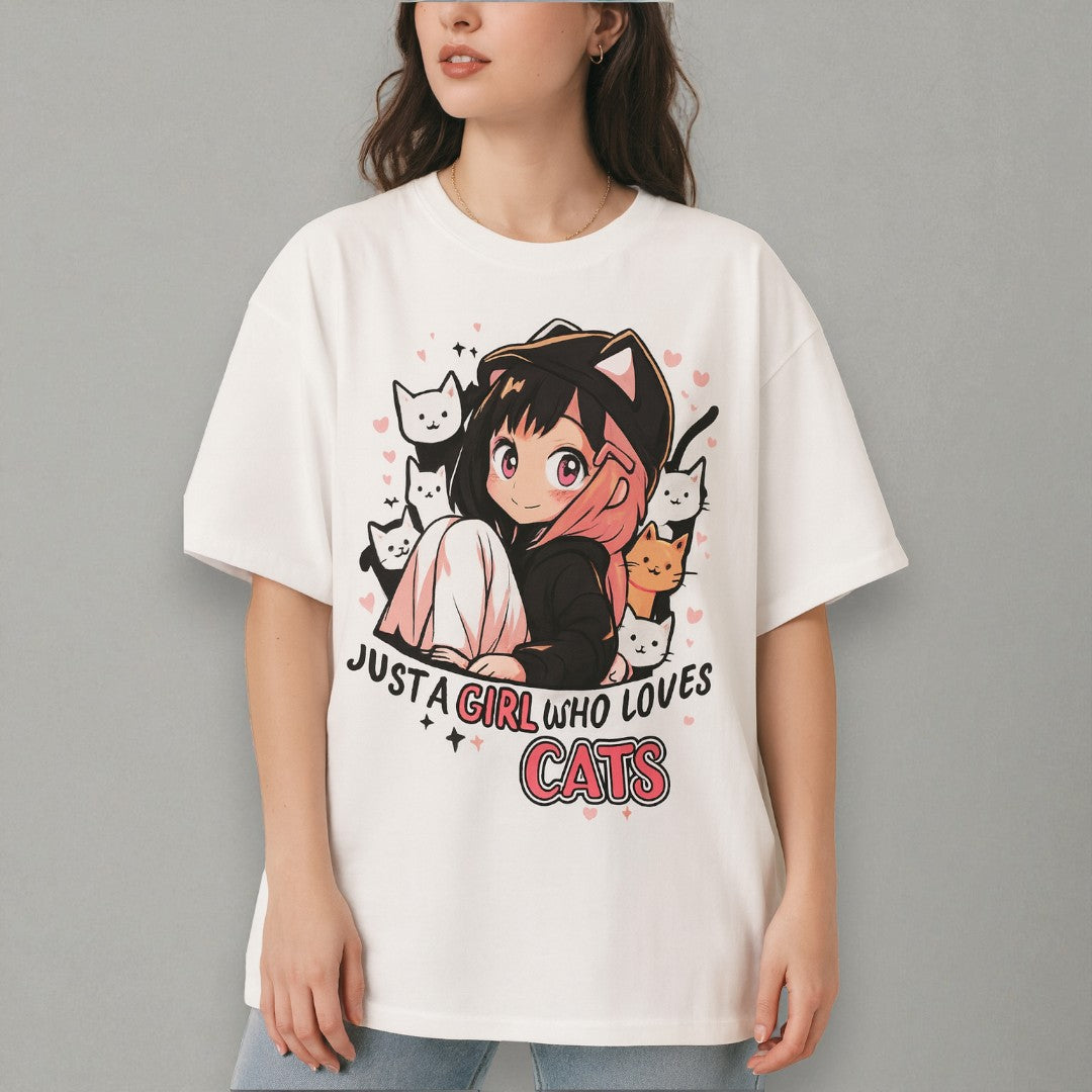 Person wearing a white t-shirt with an anime character and cat-themed design on a gray background